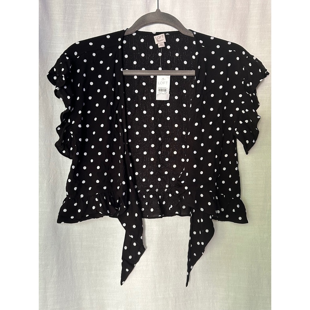 Loft Beach Womens XS Black Polka Dot Tie Front Ruffle Crop Top Blouse 27061640 - Picture 8 of 8